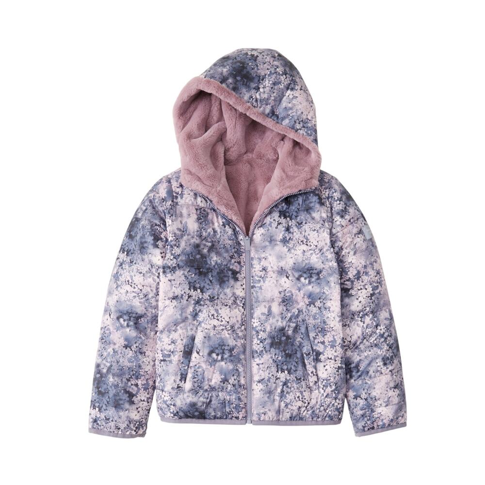 Abercrombie kids cozy puffer‎ gray and purple jacket fur jacket girls size 11/12